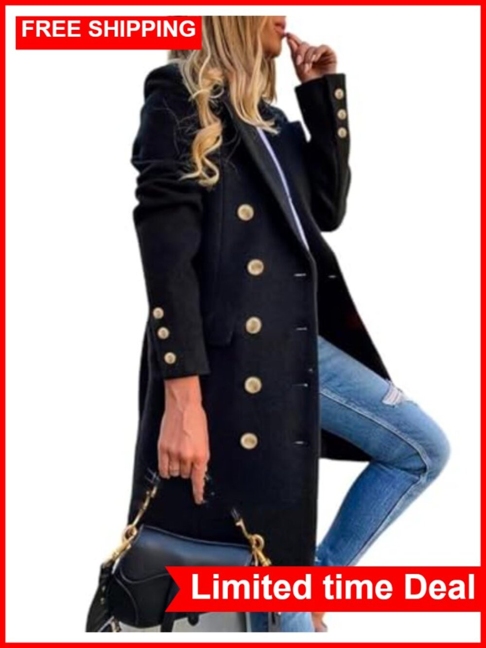 Wool Blend Double Breasted Midi Peacoat Trench Coat Knee Length Warm